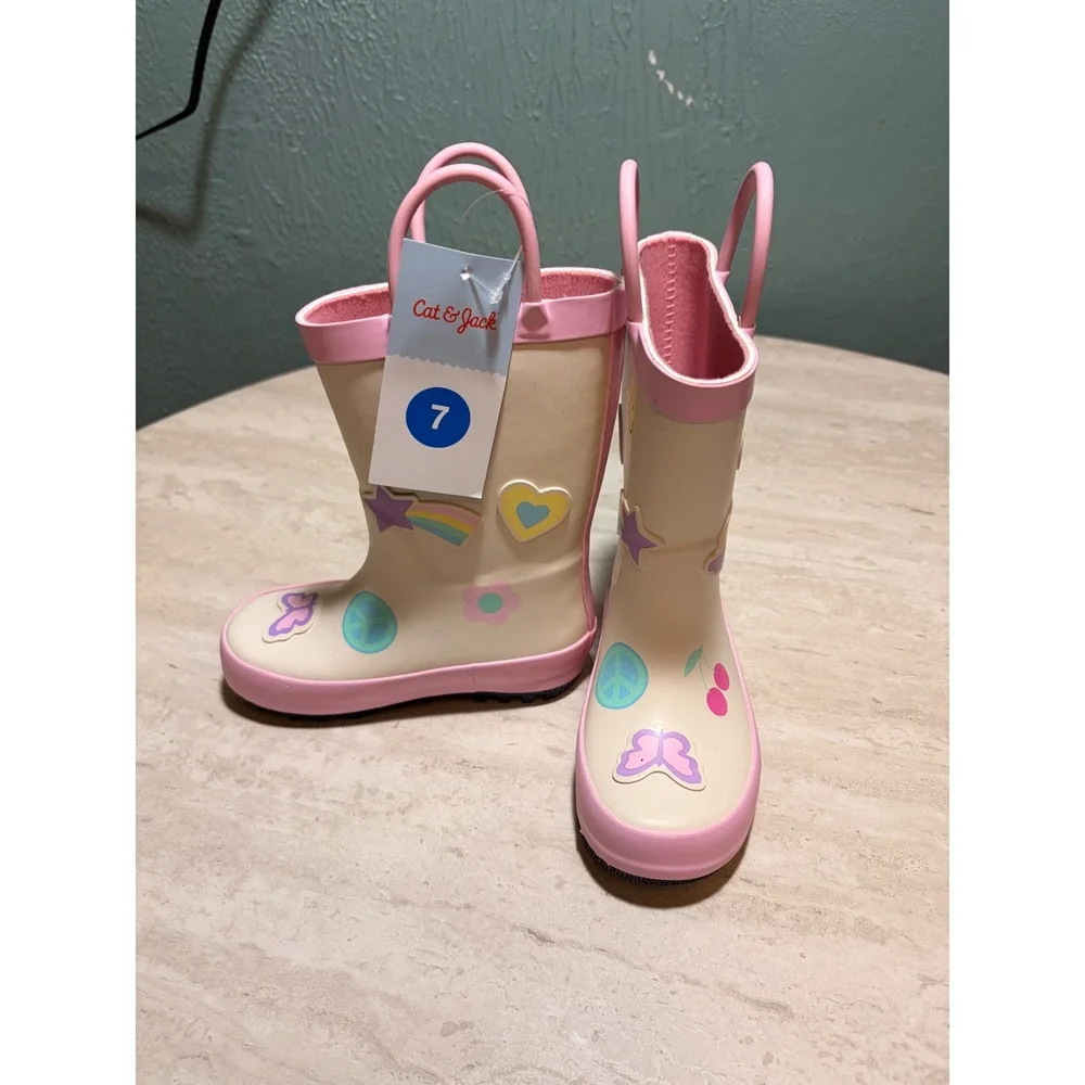 Cat & Jack Toddler Girls Pink Cream Rain Boots Rainbow Smiley Pull On Size 7 NEW